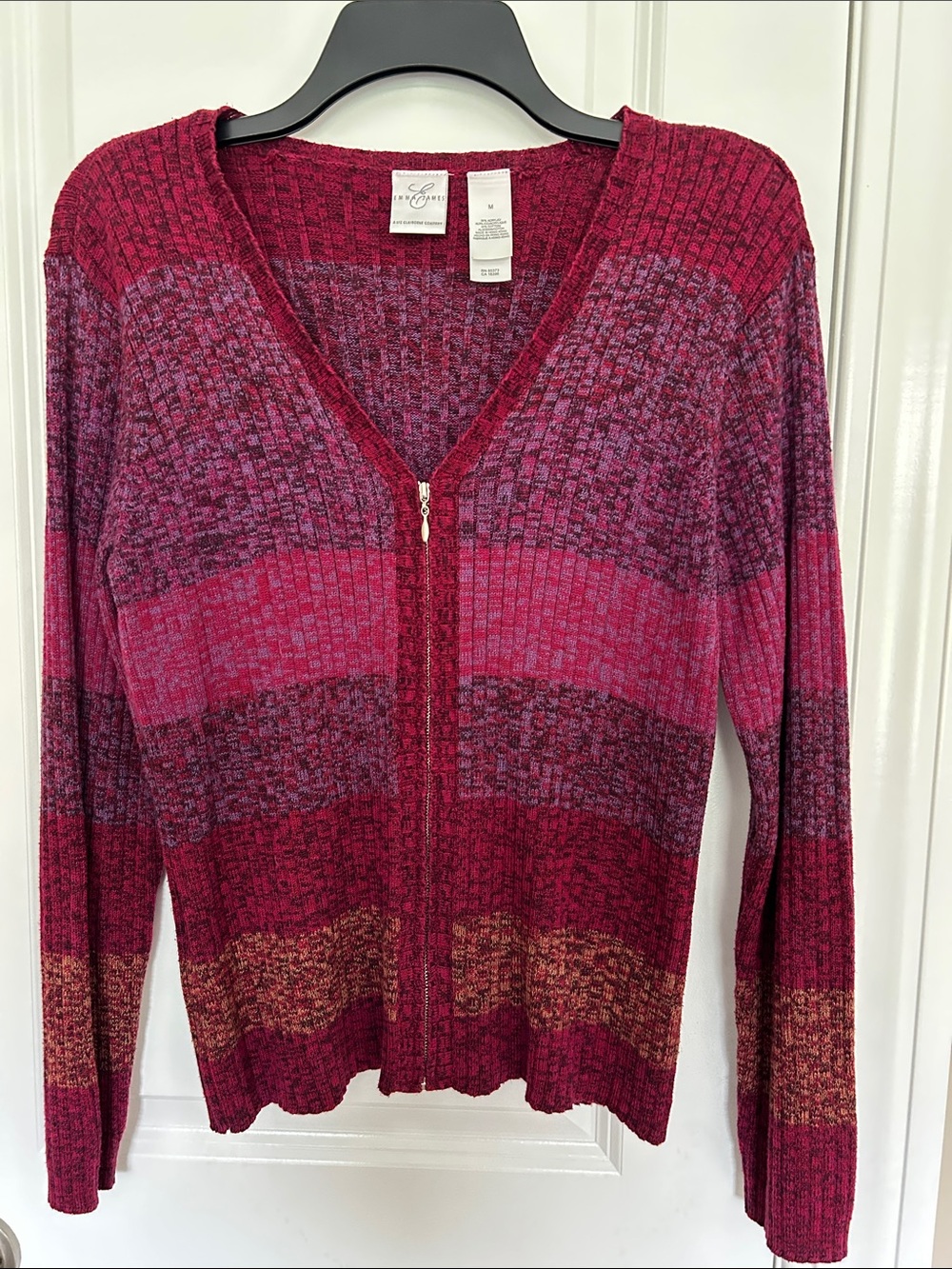 Emma James by Liz Claiborne Women's Burgundy and Red Striped Zip-Front Cardigan